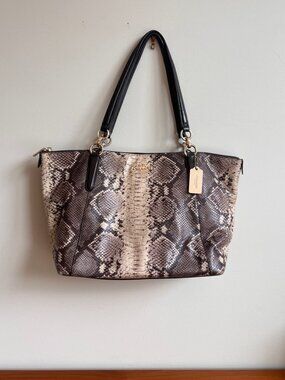 Coach Leather Snake Print Zip Top Tote Shoulder Bag - Gold Hardware